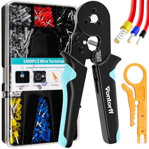 Ferrule Crimping Tool KitWire Ferrules Crimper Kit with 1400PCS Electrical Pin Terminal Ends Ferrell ConnectorsHSC8 6-6A Crimp Pliers Gauge Awg 23-10 Hexagonal Ratcheting Pliers Set Car Audio