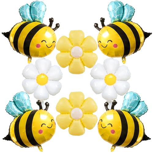 Bumble Bee & Flower Balloons Set 8PCS Cute Bee Mylar Balloons with Daisy Foil Balloons for Spring Party Decorations Baby Shower Birthday Garden Theme Party Supplies