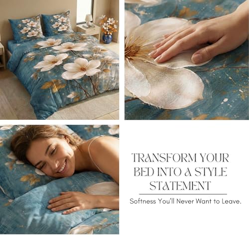 Image of SANMARINO 300 TC Cloud Cotton Pixel 7D King Size Bedsheet with 2 Pillow Cover | Premium 7D Floral Printed Bedding Set | Ultra Soft & Breathable | 108x108 Inch | Azure Magnolia Royal Bloom