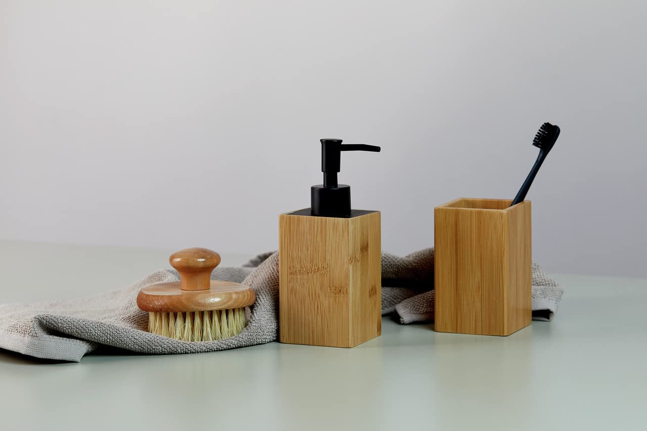 WENKO Dispenser sapone Padua - Dispenser sapone liquido Capacità: 0.21 l, Bambù, 8 x 18 x 7 cm, naturale