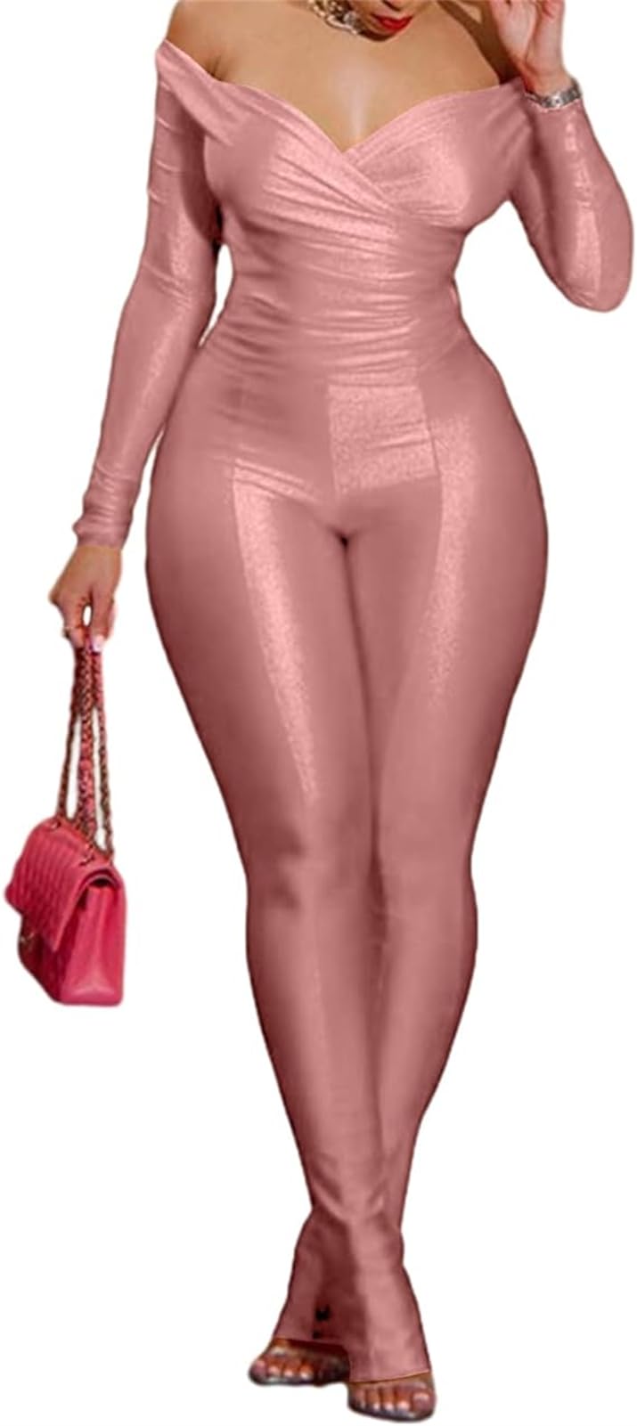 Photo 1 of Adogirl 2 Piece Outfits for Women Sexy Off Shoulder Tops High Waist Bodycon Pants Sets Club Outfits Tracksuit Pink Medium