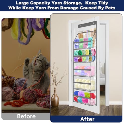 Image of Hanging Yarn Storage Organizer - Over the Door Crochet Organizer Shelves with 5 Yarn Pockets & 3 Top Knitting Needle Pockets, Large Capacity Clear Yarn ball Holder