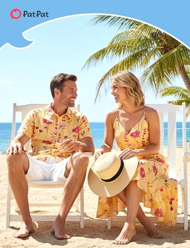 Image of PATPAT Couples Matching Outfits Hawaiian Women Dresses & Men Shirts | Matching Cruise Outfits for Couples, Beach Vacation Outfits, Spaghetti Strap Midi Sundress, Men Boho Tropical Print Shirt