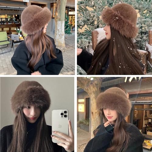 ZGMYC Faux Fur Trimmed Beanie Hats for Women Girls Russian Style Furry Winter Bucket Hats Warm Ski Snow Hat4