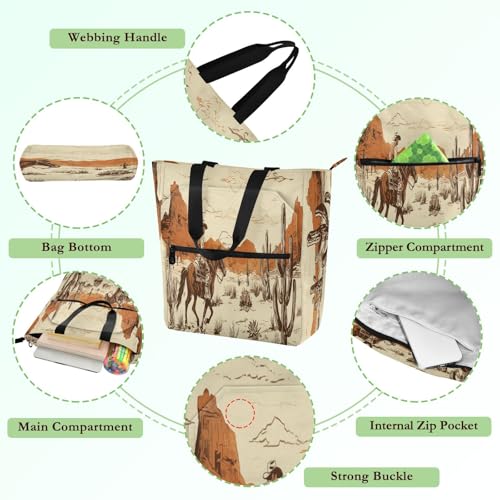 Desert Cowboy Book Tote Bag,Large Capacity Handbag with Zipper Perfect for School,Travel,Shopping3