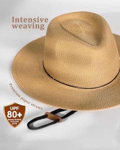 Image of FURTALK Sun Hat Wide Brim Straw Fedora Panama Beach for Men Women | Foldable & Packable for Travel, Breathable Sweatband, Adjustable Chin Strap, Ideal for Summer Boating, Gardening or Holidays