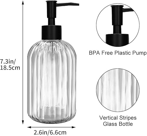 Miniatura 2 de Paquete de 2 dispensadores de jabón de vidrio con bomba negra, dispensador de bomba recargable de 13.5 fl oz para cocina, baño, lavandería, botella