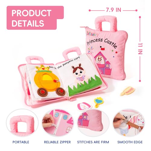 Image of Jollybaby Baby Soft Busy Books - Princess Castle, Travel Toy & Montessori Sensory Educational, 10 Preschool Learning Activities for 2 3 4 Year Old Toddlers Boy Girl(Pink)