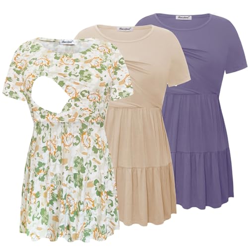 Image of Bearsland Women’s Nursing Top 3pack Short Sleeve Scoop Neck Nursing Shirt Breastfeeding Shirts