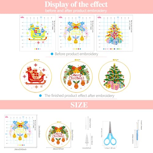 Image of Zhenqing Stamped Cross Stitch Kits for Adults Beginners, Christmas Cross Stitch Kit, 3 Pack Holiday Needlepoint Craft Set with Printed Pattern Fabric, Christmas Tree, Sleigh and Wreath Designs