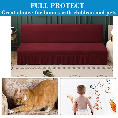 Stretch Armless Futon Cover With Skirt Ruffled Knitted Jacquard Futon Sofa Bed Cover Machine Washable Futon Couch Cover Futon Sofa Cover Furniture Bed Protector With Elastic Bottom For Kids,Pets (Red) #TOP3
