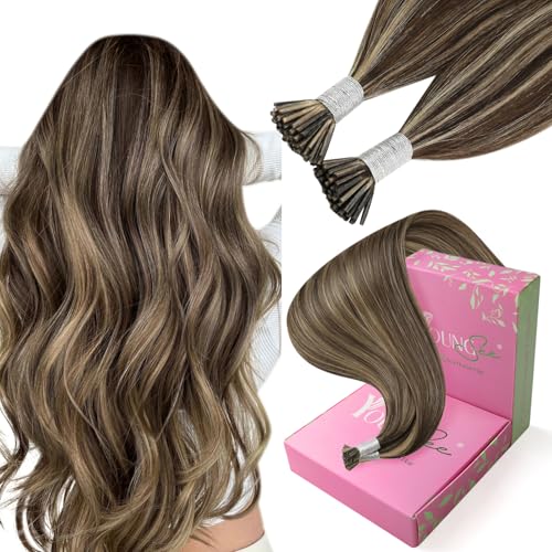 Image of YoungSee I Tips Hair Extensions Brown Itip Hair Extensions Real Human Hair Highlight Dark Brown with Blonde I Tips Hair Extension Real Human Hair 18 Inch 50g Itip Hair Extension for Everyday Wear 60s