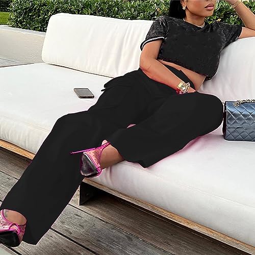 Lucuna Women's Satin Cargo Pants Y2K High Waisted Multi-Pocket Straight Leg Baggy Casual Trousers4