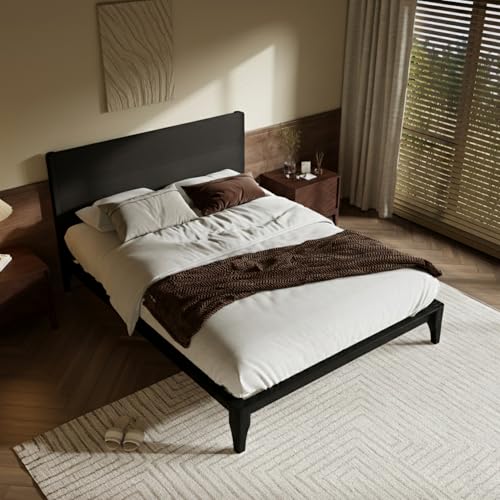 Image of Merax Queen Size Bamboo Platform Bed Frame with Tall Headboard, Black | Mid-Century Modern Solid Sustainable Bedframe Queen-Size, Wood Slat Support, No Box Spring Needed, Easy Assembly, Noise Free