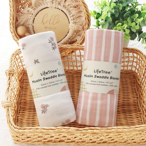 Image of LifeTree Baby Swaddle Blankets, Boys Girls Muslin Swaddling Wrap Receiving Blanket for Newborn, 70% Viscose from Bamboo and 30% Cotton, Large 47 inch x 47 inch, Pink Floral and Stripe