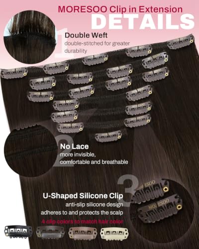Image of Moresoo 20 inch Real Human Hair Clip in Extensions Dark Ash Brown Seamless