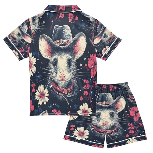 Satin Pajama Sets Short Sleeve Opossum Cowboy Floral Pattern Button Down Silky Nightwear 2 Piece PJS 5-14Y2