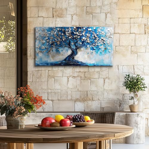 crmotu Tree of Life Large Wall Art, Blue Tree Painting Canvas Prints, Modern Abstract Art Room Decorations, Navy Blue Neutral Aesthetic Pictures Wall Decor Living Room Bedroom Bathroom Office 20"X40"