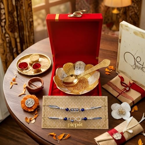 Image of Rakhi for Brother, Gift Set German Silver Gold Bowl and Spoon with Designer Rakhi, Premium Raksha Bandhan Gift Box, Combo Guft Festive Return Gift | Velvet Box
