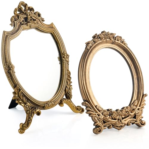 Threehoney 2 Pcs Small Gold Vintage Mirror Antique Vanity Makeup