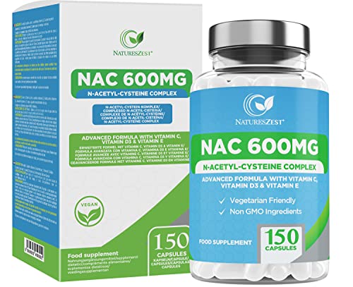 NAC N-Acetyl-Cysteine 600mg - Starkes NAC-Ergänzungsmittel mit 4 Wirkstoffen - 150 pflanzliche Kapseln - Vorrat für 5 Monate - angereichert mit Vitamin C, Vitamin D3, Vitamin E Cover
