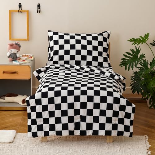 Image of Luxlovery Toddler Comforter Set Checkered Plaid Black White Kids Boho Bedding Set Bed Set for Dorm 4 Pieces (1 Comforter, 1 Flat Sheet, 1 Fitted Sheet, 1 Pillowcase)