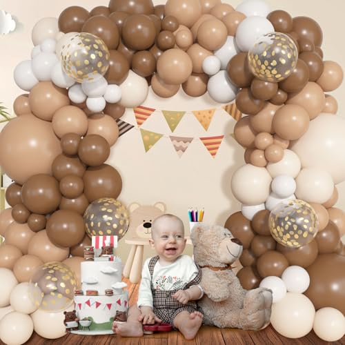 Image of Ouddy Life 157 Pcs Brown Balloons Garland Arch Kit, Beige Nude Neutral White Gold Confetti Different Size Balloon for Birthday Teddy Bear Baby Shower Neutral Woodland Wild One Wedding Party Decoration