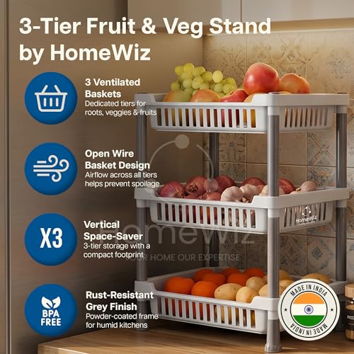 Image of HomeWiz Kitchen Rack 3- Layer | Lifetime Usage Heavy Duty Plastic Stand | Kitchen Storage Cart | Onion Potato Rack For Kitchen | Multipurpose Storage Rack for Fruits & Vegetables|Durable Kitchen Stand