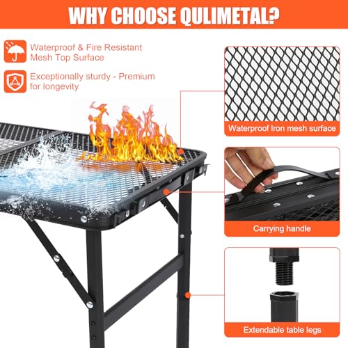 QuliMetal Small Portable Folding Grill Table with Adjustable Height & Mesh Desktop, Lightweight Camping Table – Perfect for BBQ, Picnic, Beach, & Indoor Use – Compact, Durable & Easy to Carry, Black