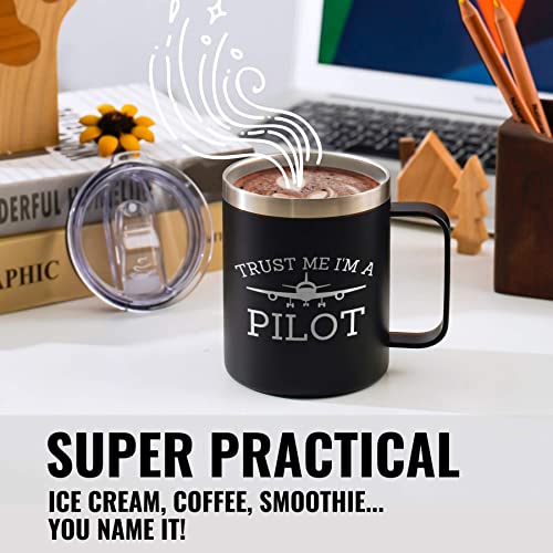 Onebttl Pilot Gifts For Men, Male, Him -Trust Me I Am A Pilot Tumbler - 12 Oz /350 Ml Insulated Mugs With Lid - Aviation, Airplane Gifts For Aviator - (Black) #TOP1