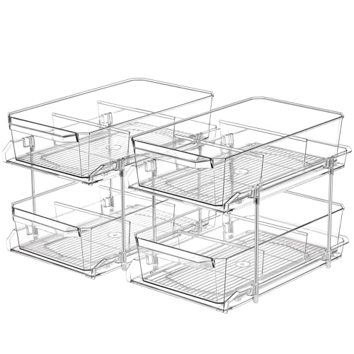 2 Set, 2 Tier Clear Organizer with Dividers for Cabinet, Shlef, Counter – MultiUse Slide-Out Storage Container – Kitchen, Pantry, Medicine Cupboard Bins, Bathroom, Vanity Makeup, Under Sink Organizing
