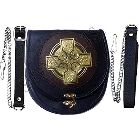 Leather Sporran Gold Cross Black/Brown Leather Sporran for Kilts with Chain Belt Cover
