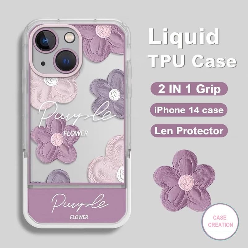 Image of COVERLY 3D Cute Creative Purple Flower Cartoon Oil Painting Floral Decor Wave Curly Edge Invisible Phone Table Stand Holder Grip Happy Aesthetic Cover Girly Charm Case for Apple iPhone 12 Pro (Purple)