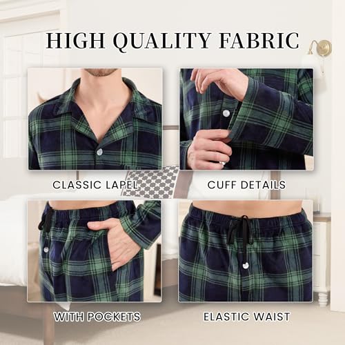 Vulcanodon Mens Pajama Set Soft Button Down Classic Lapel Comfy Long Sleeve Pajamas for Men Lounge Plaid Pjs Set with Pockets3