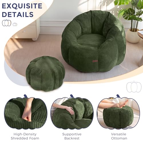 Image of MAXYOYO Giant Bean Bag Chair with Ottoman, Pumpkin-Shaped Bean Bag Sofa with Footstool, Oversized Boneless Couch Chair in a Box, Comfy and Lazy Lounge for Dorm, Living Room, Bedroom, Green