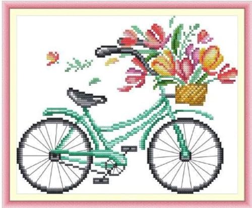 Image of Qeerysew Cross Stitch Kits Stamped Full Range of Embroidery Starter Kits for Beginners DIY-Printed Kits Romantic Bike (Winter)(Printed) 13.8x11inches