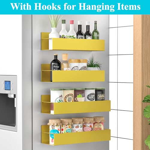 Image of HuggieGems Metal Magnetic Spice Rack for Refrigerator Gold, 4 Pack | Magnetic Shelves Heavy Duty for Fridge in Kitchen, Seasoning Storage Organizer, For Oven Washer and Dryer, For Heavier Items