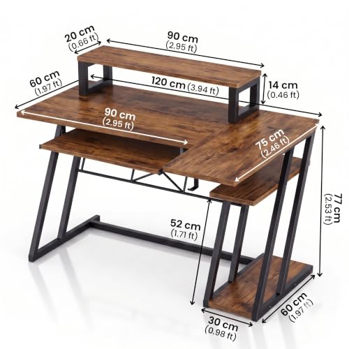 Image of Gaming Desk with Monitor Stand | Computer Table for Home & Office | Ergonomic Study Table with Keyboard Tray CPU Stand & Headphone Hook (Brown) |120x60x90 cm