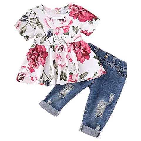 CARETOO Girls Clothes Outfits, Cute Baby Girl Floral Long Sleeve Pant Set Flower Ruffle Top - Pink - 6-12 months Cover
