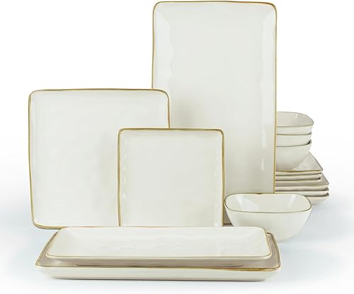 Famiware Juego de platos y cuencos cuadrados oceánicos, juegos de vajilla de 15 piezas para 4, 3 platos rectangulares para servir, color blanco