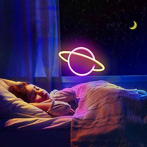 XIYUNTE Planet Neon Light White/Pink Led Signs Wall Decor, Battery or USB Operated Planet Lamp Blue Planet Neon Signs Light up for Home,Kids Room,Bar,Festive Party,Christmas,Wedding