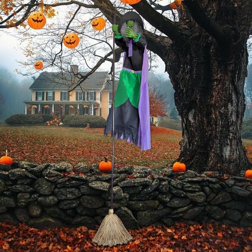 Schwimmende Hexe | 2,5 m lange fliegende Hexe im Freien Halloween-Dekor auf Besen – realistische realistische Dekoration für Haustür, Garten, Veranda, Haustür – Bild 4