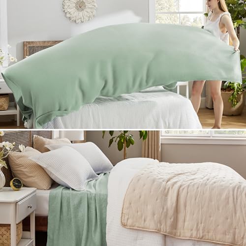 Image of Bedsure 100% Cotton Blanket, Herringbone Weave, Oversized King, Sage Green