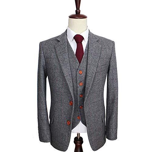 Wool Grey Check Plaid Tweed Herringbone Vintage British Men Suits Tailored Slim Fit 3 Pieces Mens Wedding Suits2