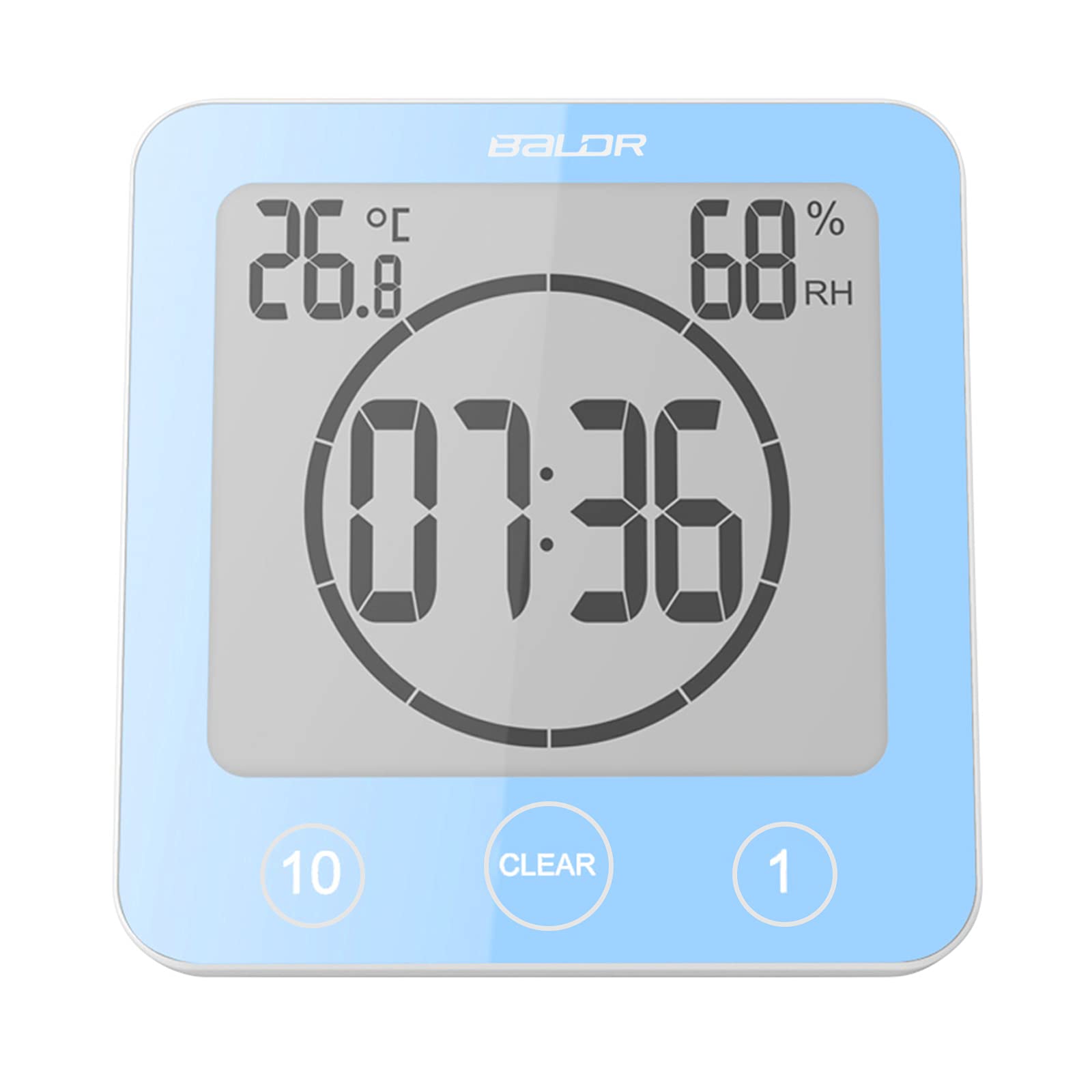 Reloj de baño – Reloj de Ducha Digital Impermeable para baño, con Ventosa, indicador de Temperatura y Humedad, Reloj de Pared táctil (Azul)