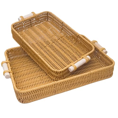 2 Pack Serving Tray Large Bamboo Serving Tray with Handles Wood Serving Tray Set for Coffee Display Vegetables Home Kitchen Restaurant Outdoor Brown Rectangular