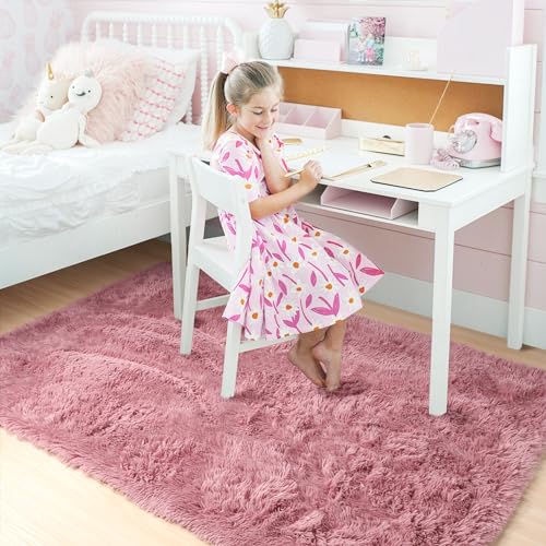 Amdrebio Blush Pink Area Rugs for Girls Bedroom, Fuzzy Furry Fluffy Kawaii Rugs for Kids Room Playroom, Shaggy Small Fur Plush Shag Carpet for Nursery Dorm Classroom, Cute Dusty Rose Mauve Rug 4x6