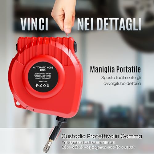 Hancaner Carrete de Manguera Neumática,15 m + 1,5 m Enrollador De Manguera De Aire Comprimido Carrete Automático, Conector de 1/4",Máx. 350 PSI/24 Bar,Soporte Giratorio de 180°,Tope Final Ajustable