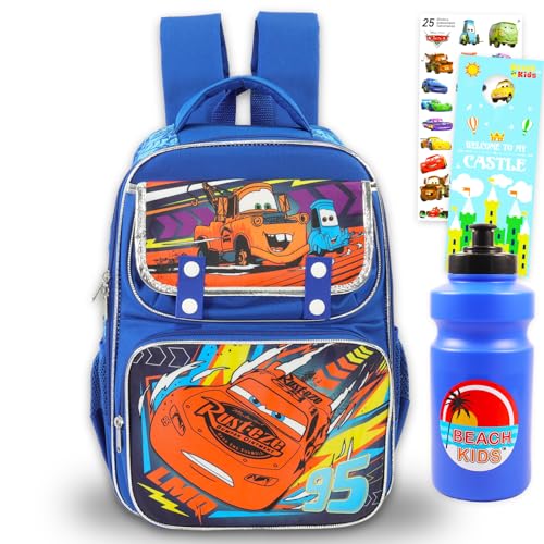 Disney Cars Backpack for Boys - Bundle with 15.5” PIxar Cars School Bag with Front Pockets, Water Bottle, Stickers, More | Lightning McQueen Backpack for Kids