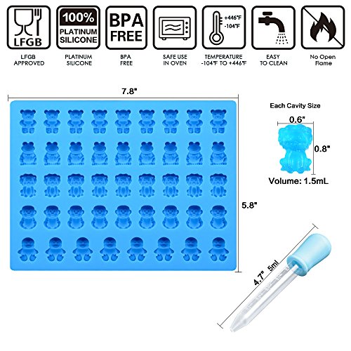 Image of Silicone Candy Gummy Bear Molds - Chocolate Molds Including Bears, Frogs, Lions, Monkeys, Penguins Gummie Molds Premium Silicone BPA Free, Pinch Test Approved Pack of 4 with 2 Droppers